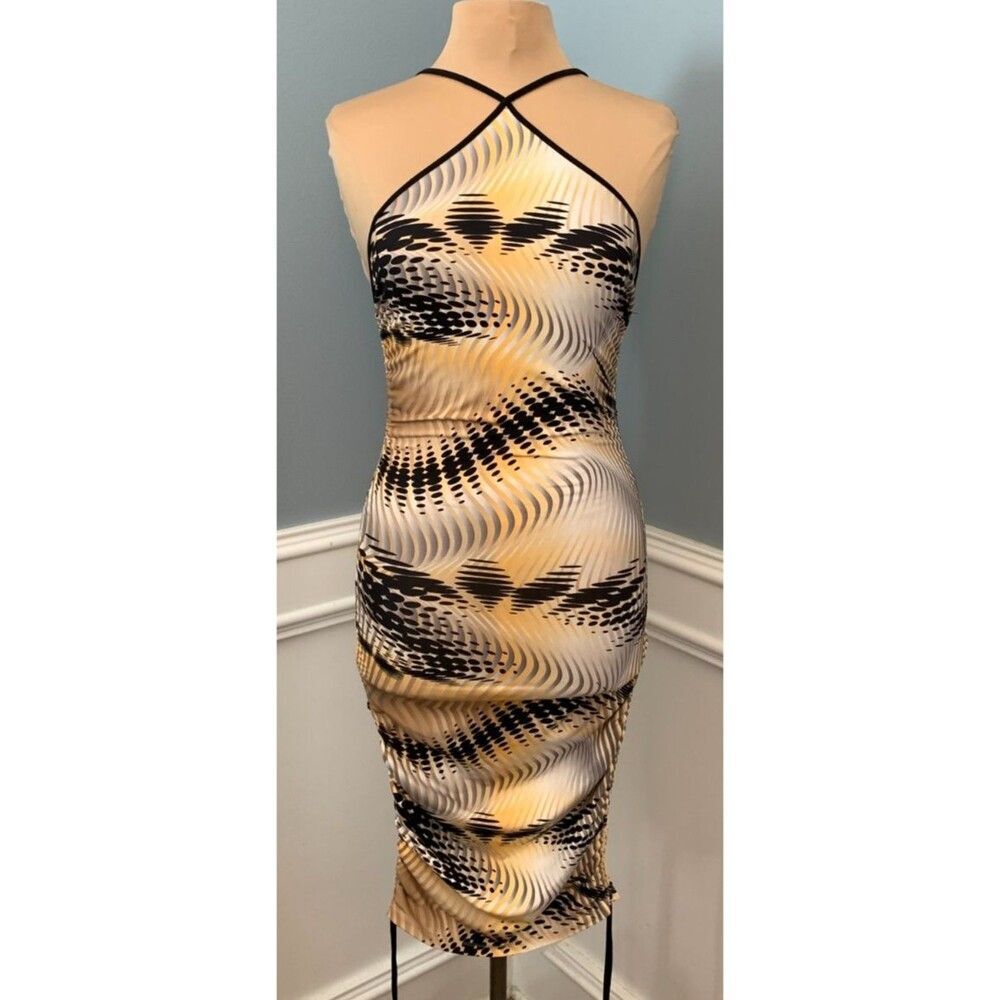 Forever 21 Dress Womens S Halter Bodycon Runched Geo Sleeveless Maxi Stretch